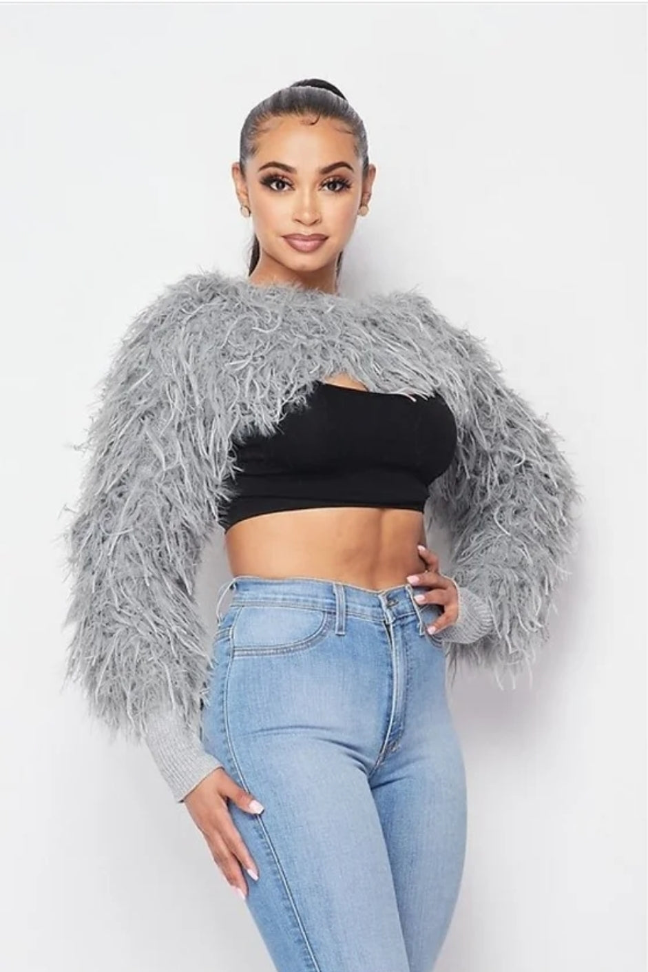 MICHELLE CROPPED FUR SWEATER-GRAY